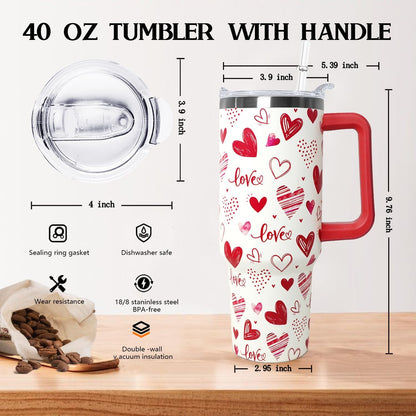 Lunabuddy™ Love Tumbler 40 Oz Valentine Heart Tumbler With Handle,Valentine''s Day Coffee Travel Mug Cup Water Bottle,Heart Decor,Valentine''s Gifts for Wife Girlfriend Bride