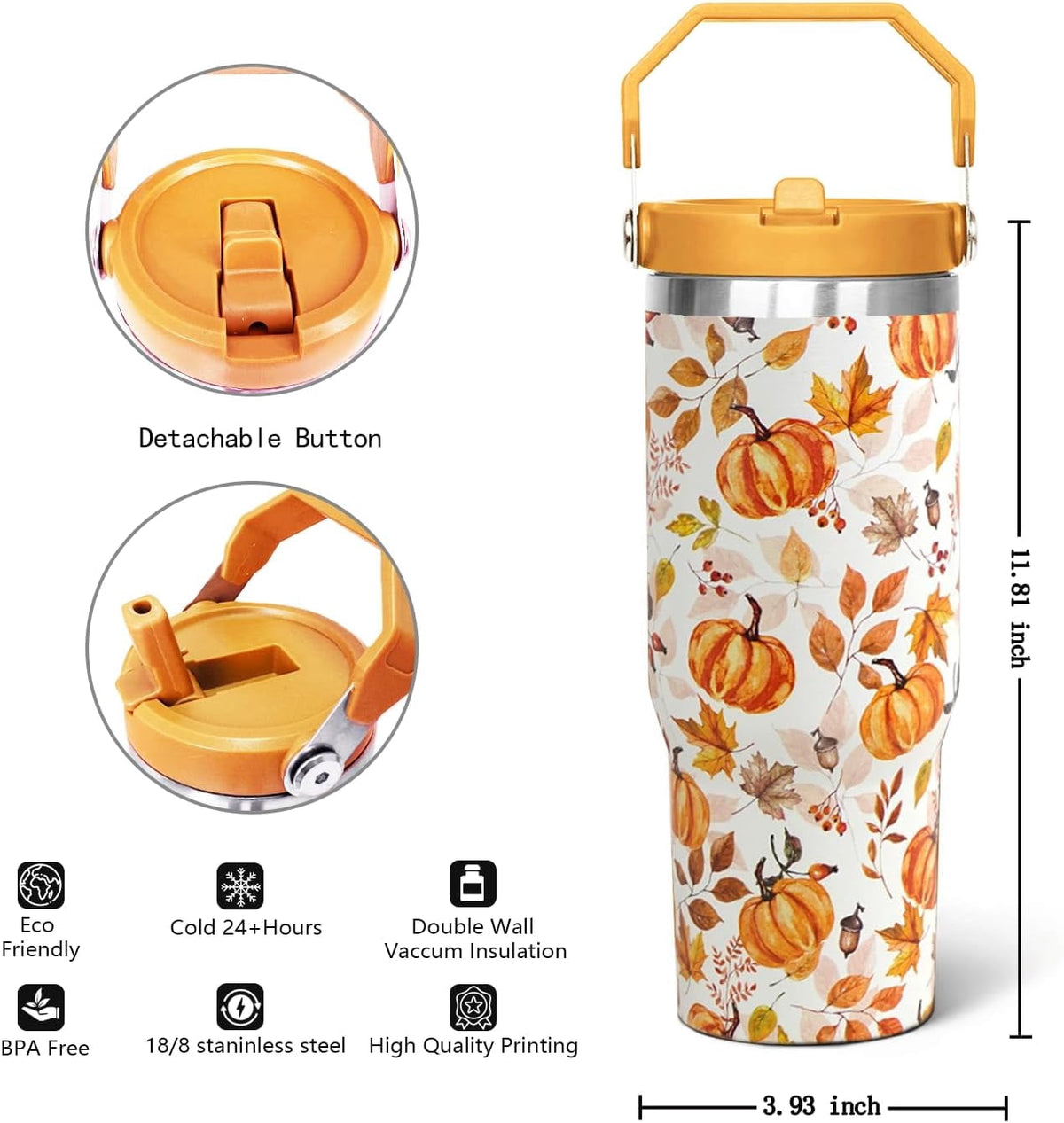 Lunabuddy™ 30oz Fall Pumpkin Flip Tumbler with Handle lid and Straw,Fall Coffee Travel Mug Cup Water Botter,Fall Gifts for Women,Fall Stuff Decor Accessories