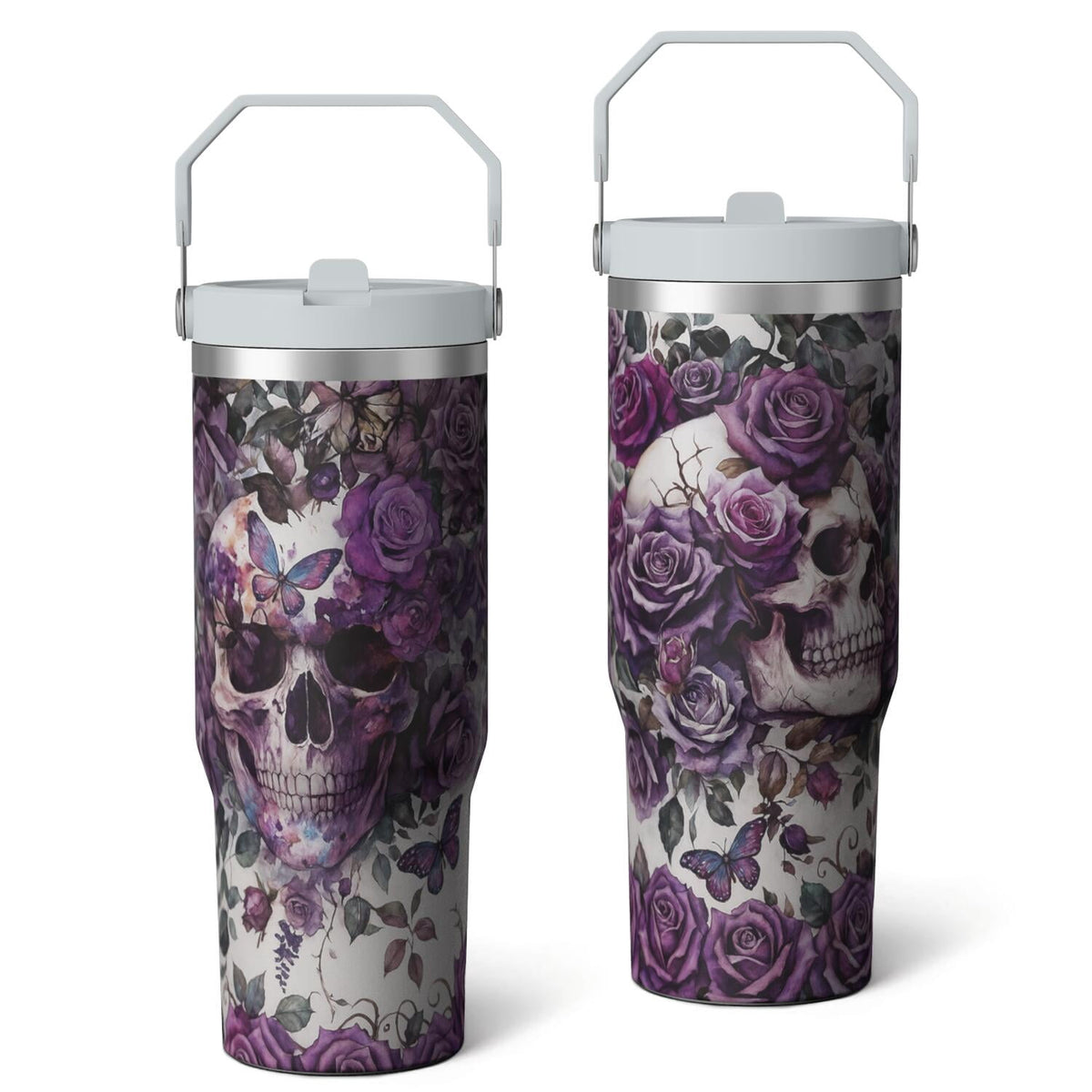 Lunabuddy™ 1pc Halloween Skull 30oz Tumbler with Straw & Handle - Insulated Stainless Steel Cup | Holiday Gift for Man Women (Christmas, Valentine's, Birthday)
