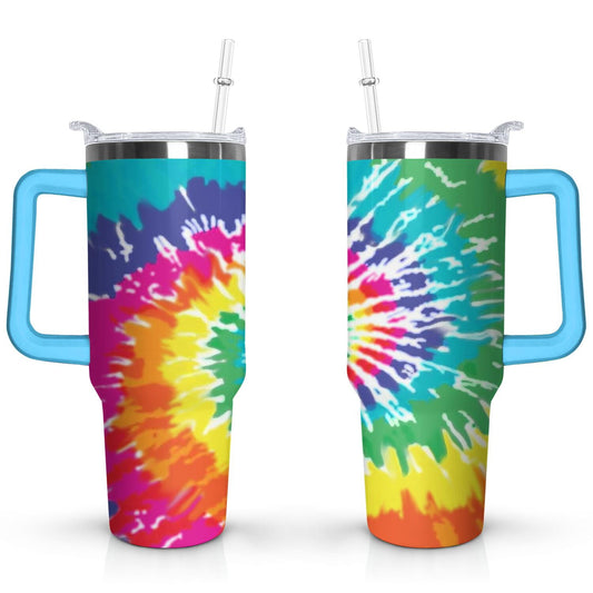 Lunabuddy™ 40oz Boho Tie Dye Stainless Steel Flip Straw Tumbler Spill Proof Travel Cup Double Wall Vacuum Insulated Coffee Mug with Top Handle