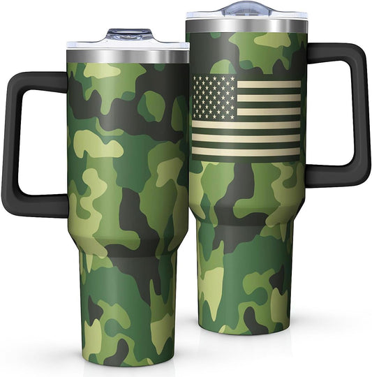 Lunabuddy™ 40oz Camo American Flag Tumbler, Patriotic Military Gifts For Veterans, Policemen And Policewomen Gifts From Family Friends,Stainless Steel Insulated Cup With Lid,Travel Coffee Mug