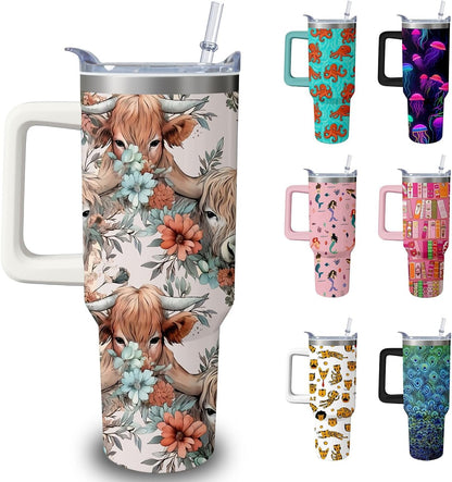 Lunabuddy™ 40oz Cute Highland Cow Tumbler with Handle and Straw, Animal Lovers Gifts for Women, Cattle Stainless Steel Travel Mug Water Bottle, Vacuum Insulated Cup with Lid