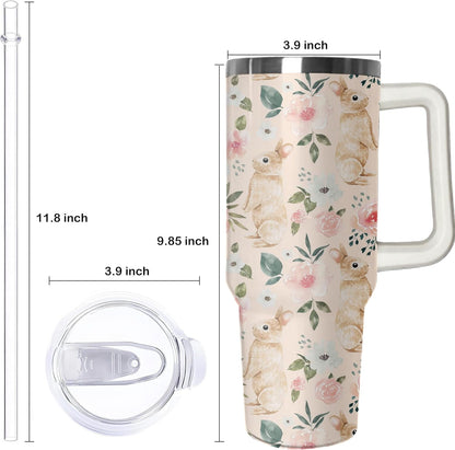 Lunabuddy™ 40oz Easter Bunny Tumbler with Handle and Straw, Rabbit Stainless Steel Travel Mug Water Bottle, Vacuum Insulated Cup, Gifts for Women Bunny Lovers