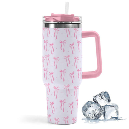 Lunabuddy™ 40oz Elegant Pink Bow Tumbler - Insulated Travel Mug with Handle, Reusable Straw & Leak-Proof Lid|Women's Gift for Birthday, Mother's Day, Valentine's & Holidays