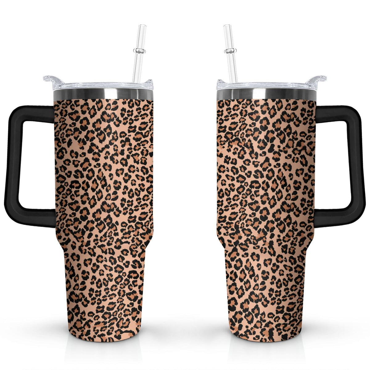 Lunabuddy™ 40oz Fashion Leopard Pattern Stainless Steel Flip Straw Tumbler Spill Proof Travel Cup Double Wall Vacuum Insulated Coffee Mug with Top Handle