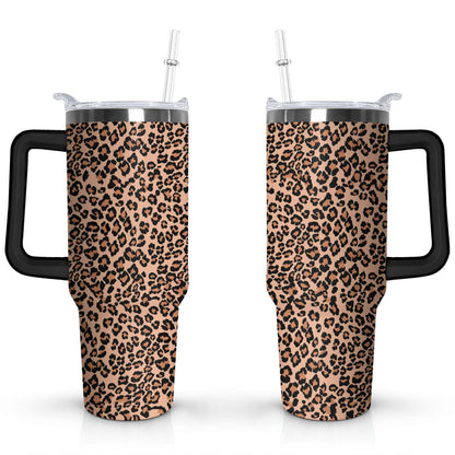 Lunabuddy™ 40oz Fashion Leopard Pattern Stainless Steel Flip Straw Tumbler Spill Proof Travel Cup Double Wall Vacuum Insulated Coffee Mug with Top Handle
