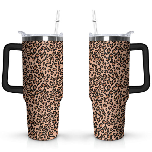 Lunabuddy™ 40oz Fashion Leopard Pattern Stainless Steel Flip Straw Tumbler Spill Proof Travel Cup Double Wall Vacuum Insulated Coffee Mug with Top Handle