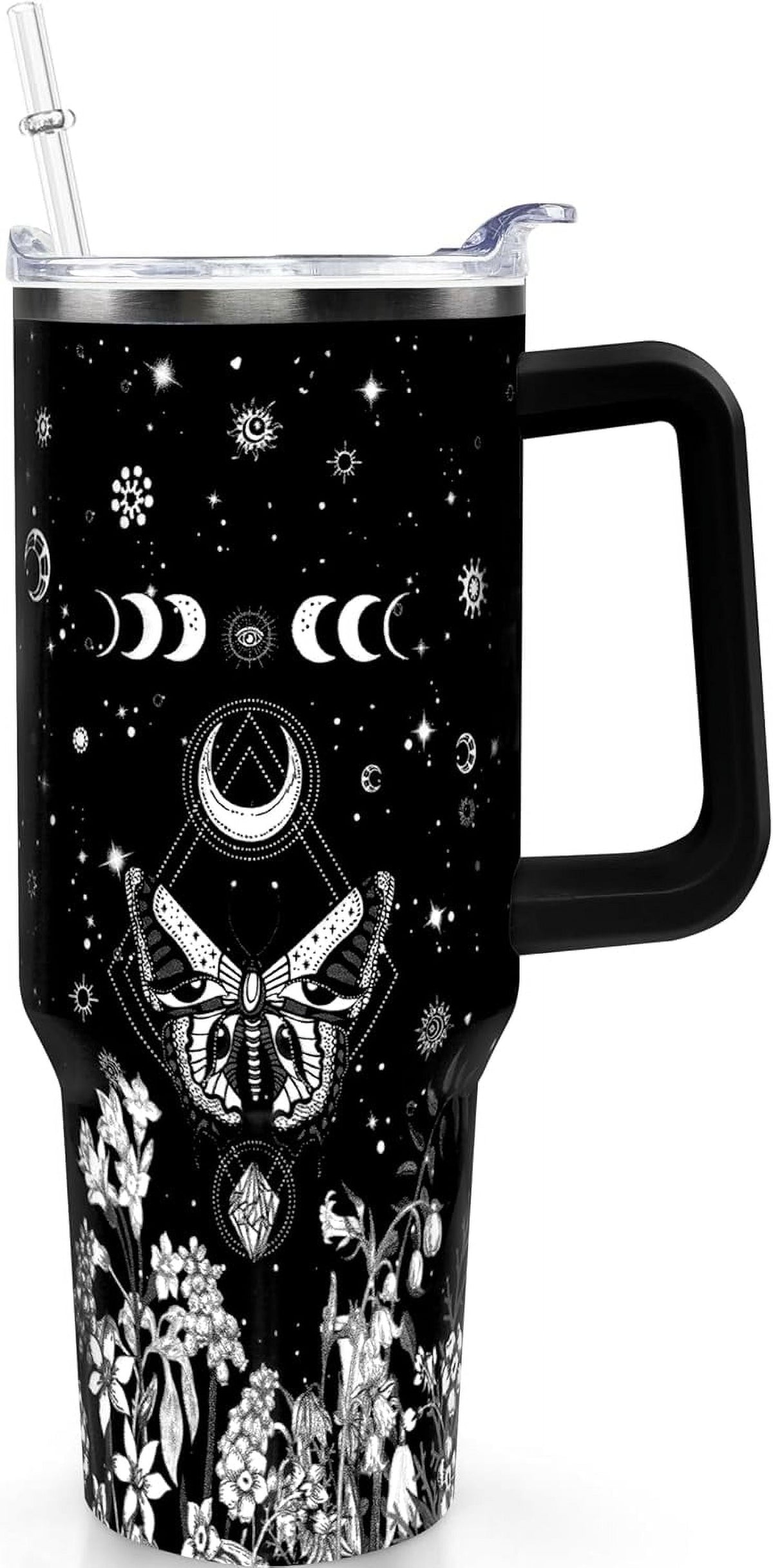 Lunabuddy™ 40oz Goth Gothic Tumbler with Handle and Straw, Stainless Steel Vacuum Insulated Flip Straw Butterfly Moon Tumbler, Spill Proof Travel Mug, Witch Decor Gifts for Women