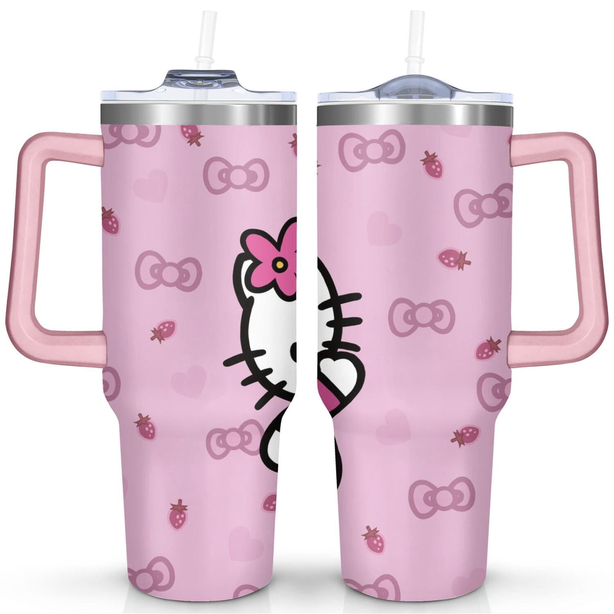 Lunabuddy™ 40oz Hello Kawaii Cat Cute Stainless Steel Tumbler with Lid and Straw,Spill Proof Travel Cup Double Wall Vacuum Insulated Coffee Mug with Handle Pink
