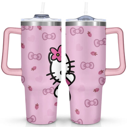 Lunabuddy™ 40oz Hello Kawaii Cat Cute Stainless Steel Tumbler with Lid and Straw,Spill Proof Travel Cup Double Wall Vacuum Insulated Coffee Mug with Handle Pink