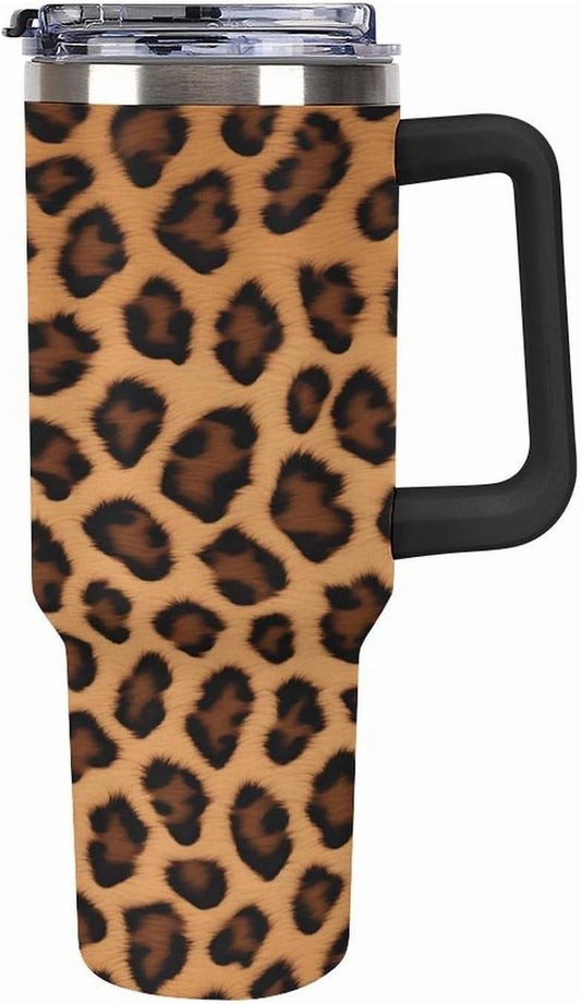 Lunabuddy™ 40oz Insulated Stainless Steel Tumbler with Handle, Abstract Brown Leopard Print Leakproof Water Bottles Travel Mug with Lid And Straw for Water, Iced Tea Or Coffee for Most Car Cup Holder