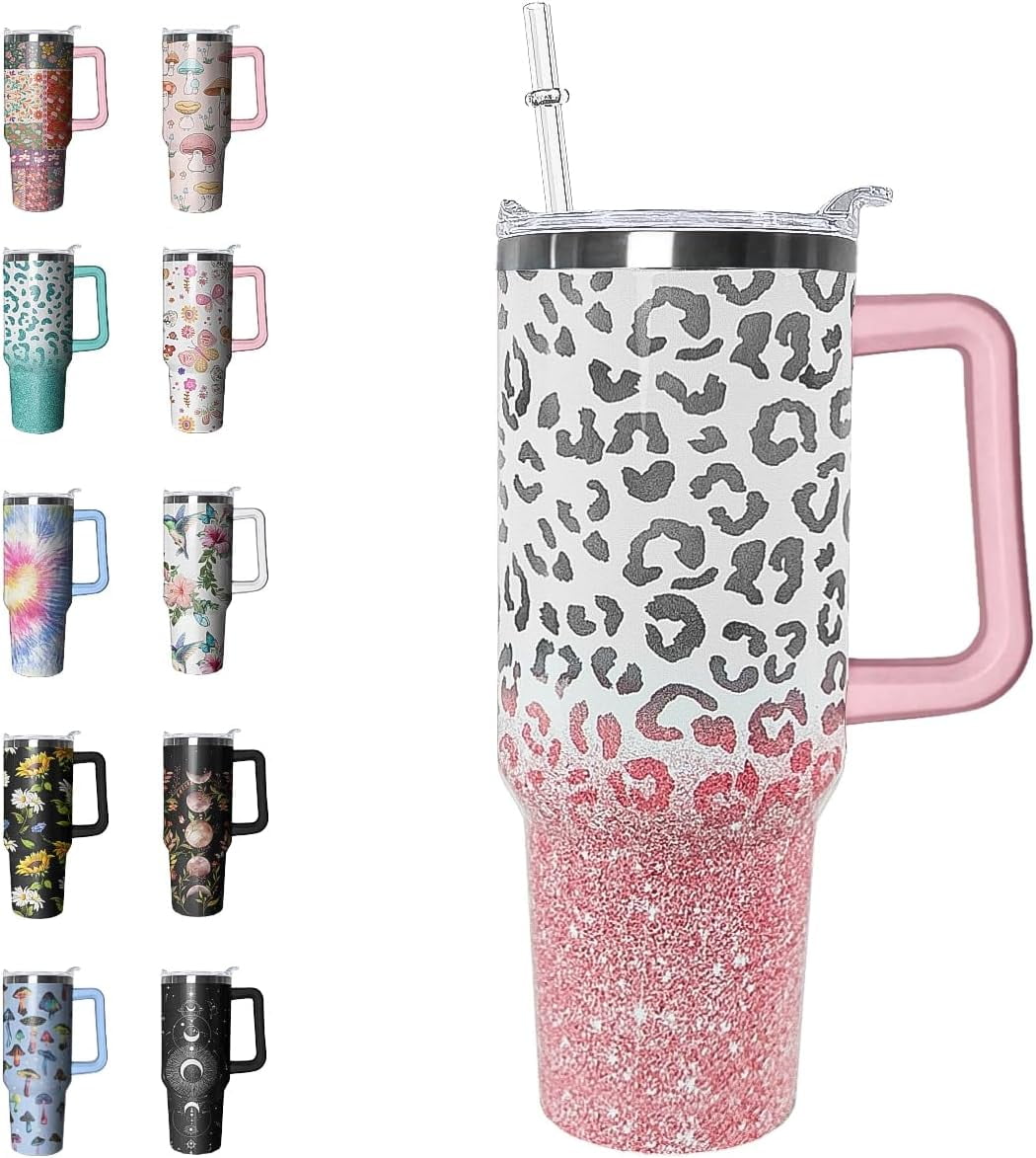 Lunabuddy™ 40oz Leopard Print Insulated Travel Mug - Leak Proof Coffee Tumbler with Handle for Women, Cute Cheetah Lover Gift Idea