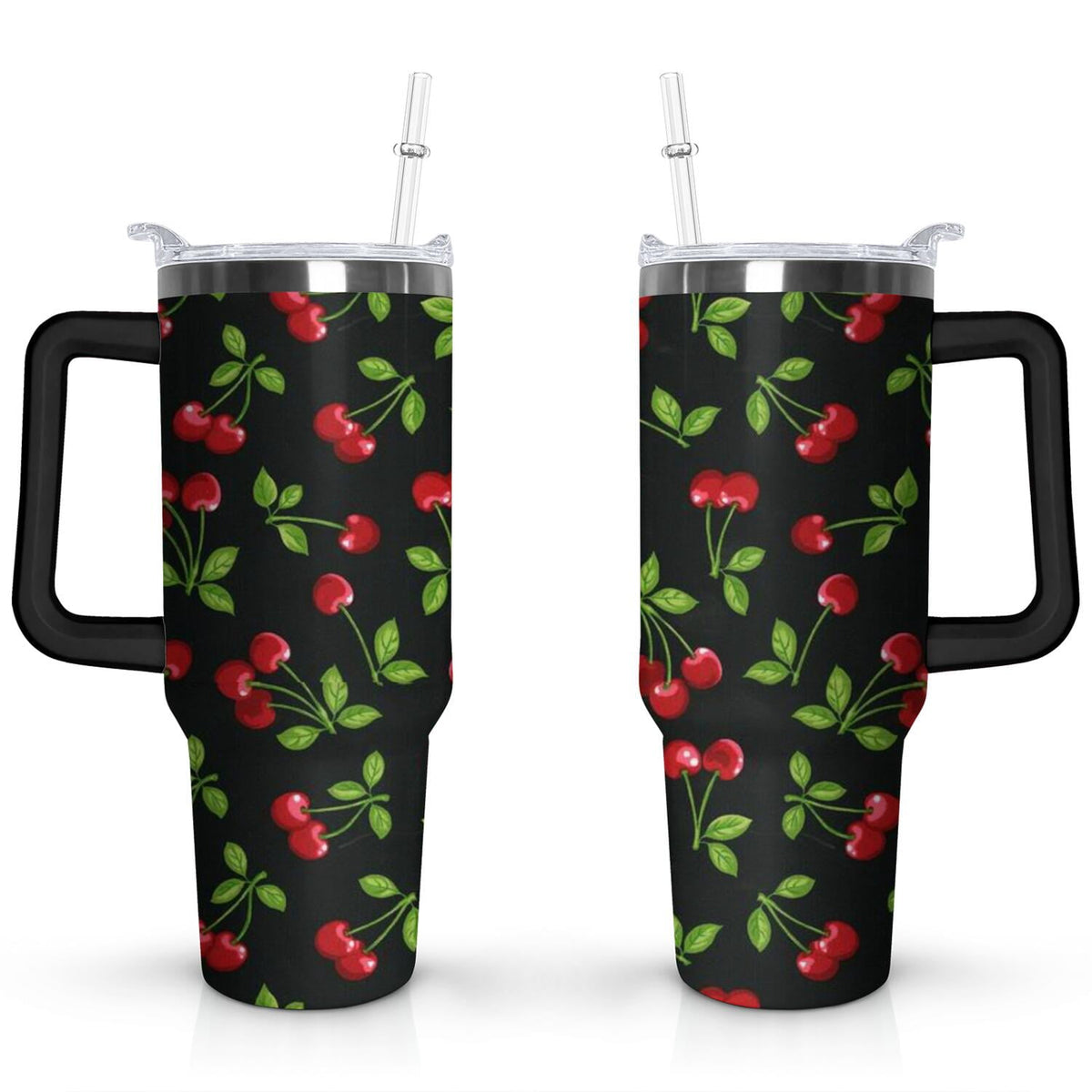 Lunabuddy™ 40oz Red Cherry Fruit Pattern Stainless Steel Flip Straw Tumbler Spill Proof Travel Cup Double Wall Vacuum Insulated Coffee Mug with Top Handle
