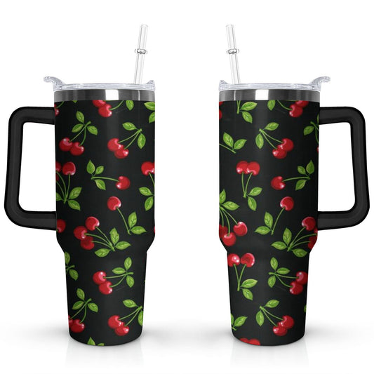 Lunabuddy™ 40oz Red Cherry Fruit Pattern Stainless Steel Flip Straw Tumbler Spill Proof Travel Cup Double Wall Vacuum Insulated Coffee Mug with Top Handle