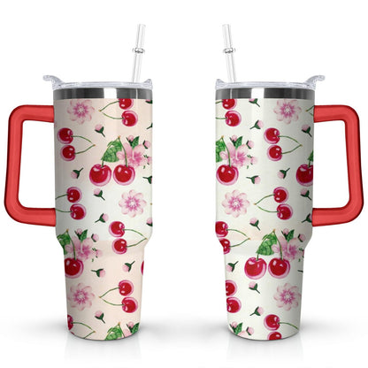 Lunabuddy™ 40oz Red Cherry Fruit Pattern Stainless Steel Flip Straw Tumbler Spill
