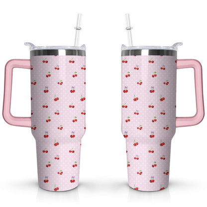 Lunabuddy™ 40oz Red Cherry Fruit Pattern Stainless Steel Flip Straw Tumbler Spill