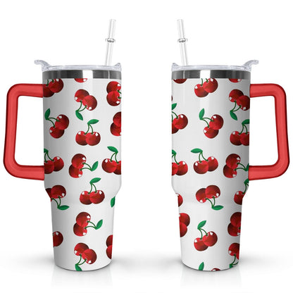 Lunabuddy™ 40oz Red Cherry Fruit Pattern Stainless Steel Flip Straw Tumbler Spill
