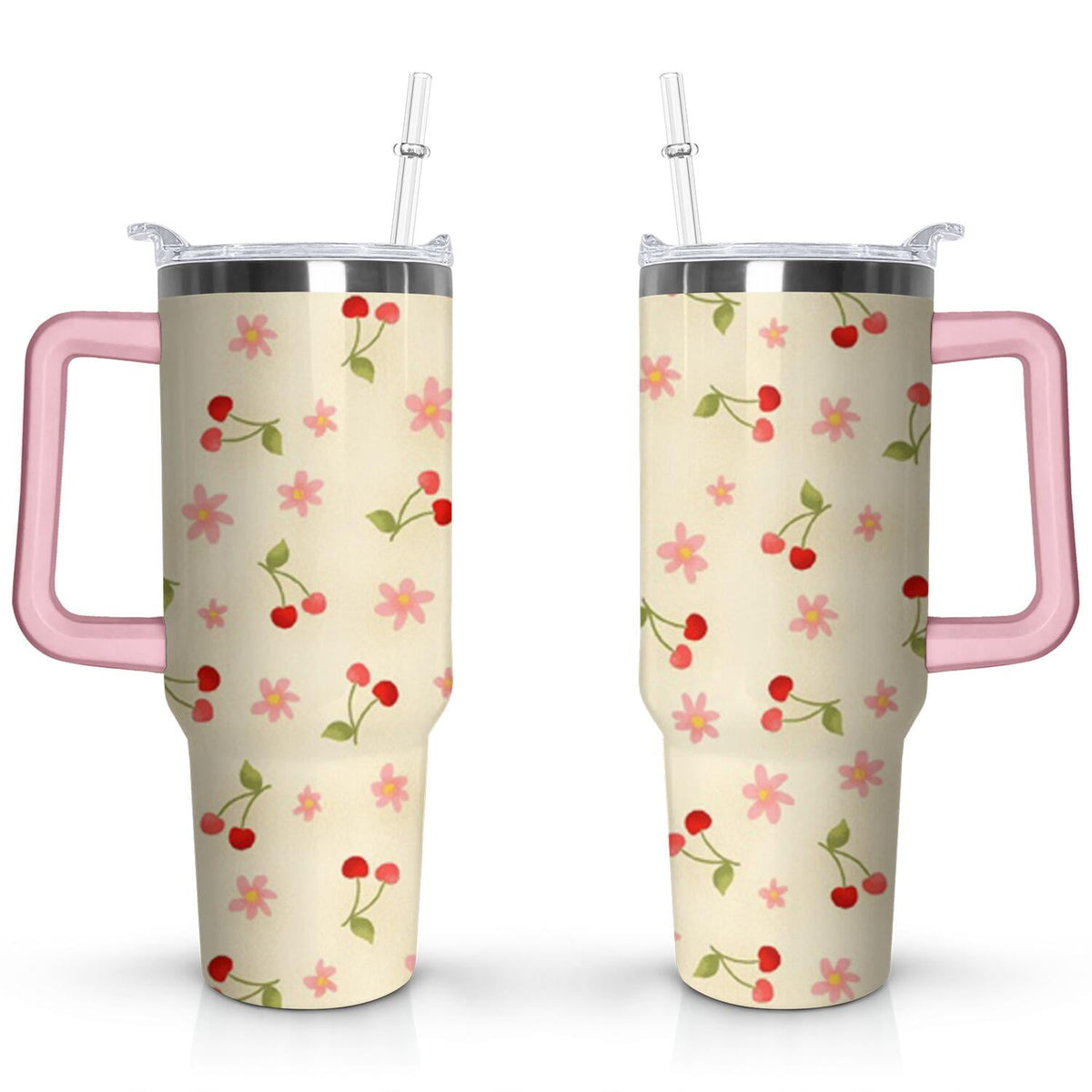 Lunabuddy™ 40oz Red Cherry Fruit Pattern Stainless Steel Flip Straw Tumbler Spill