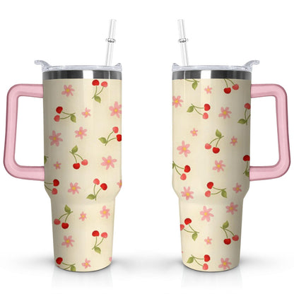 Lunabuddy™ 40oz Red Cherry Fruit Pattern Stainless Steel Flip Straw Tumbler Spill