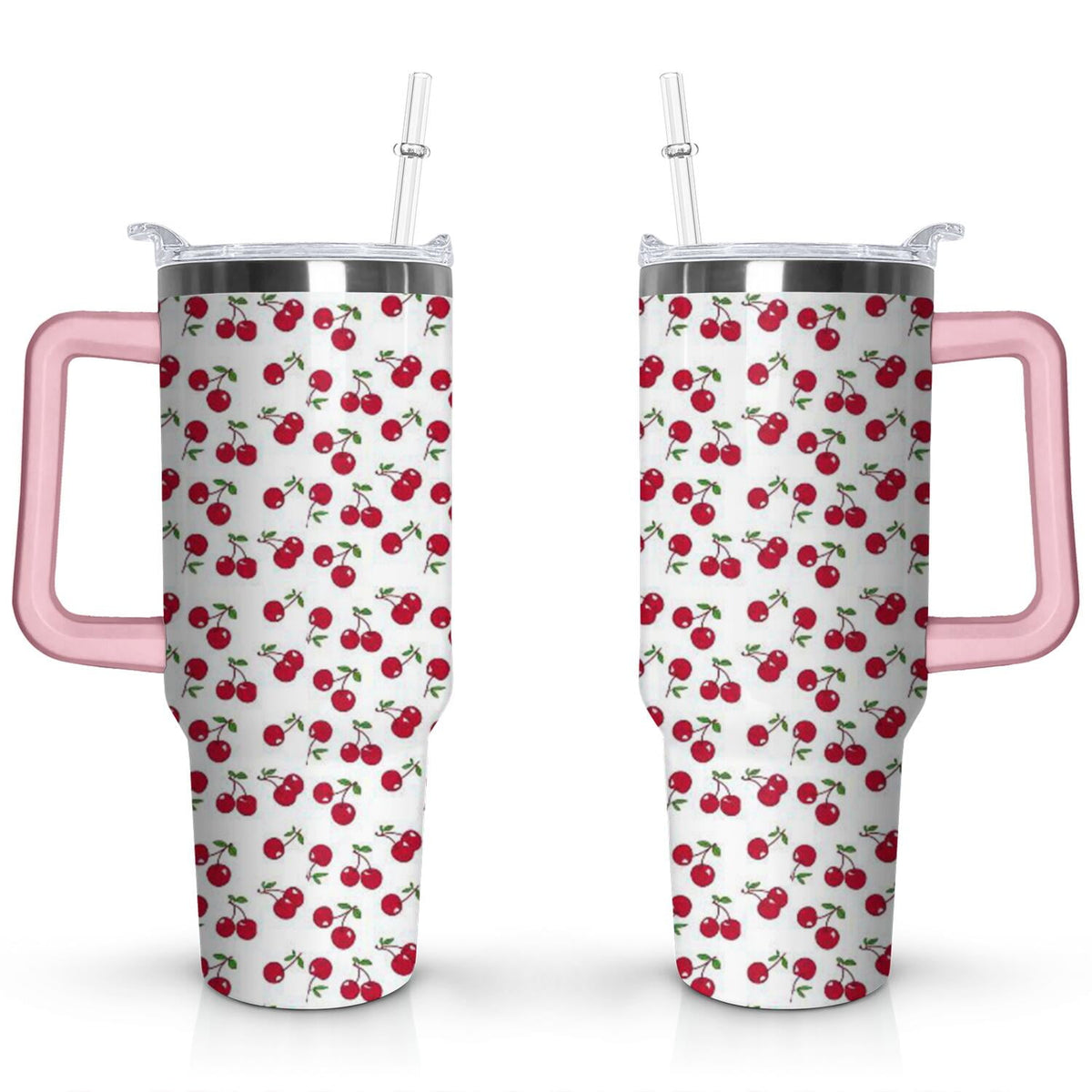 Lunabuddy™ 40oz Red Cherry Fruit Pattern Stainless Steel Flip Straw Tumbler Spill