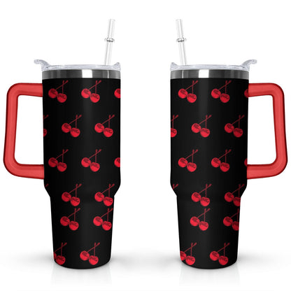 Lunabuddy™ 40oz Red Cherry Fruit Pattern Stainless Steel Flip Straw Tumbler Spill