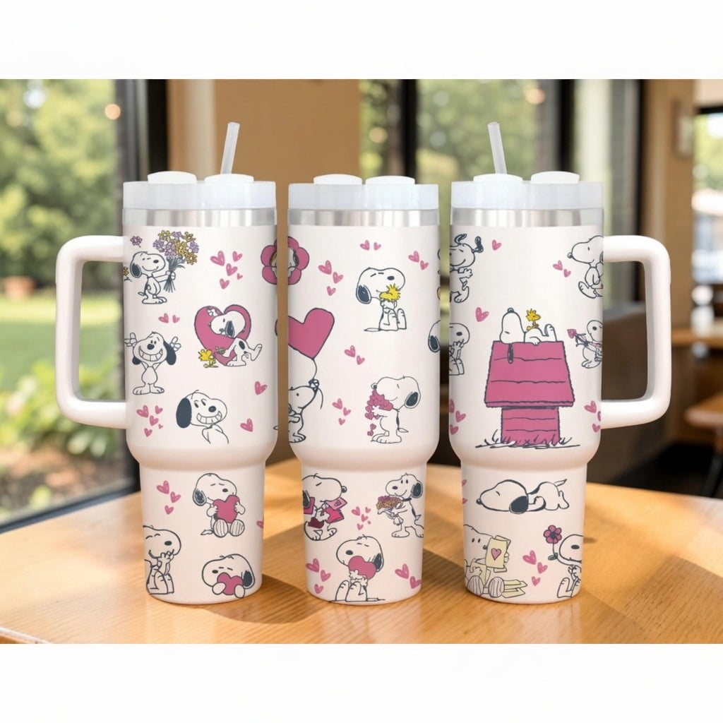 Lunabuddy™ 40oz Snoopy Tumbler with Handle - Cute Hearts Flowers Peanuts Collage Cup, Romantic Puppy Dog Insulated Travel Mug, Sweet Gift for Her or Him