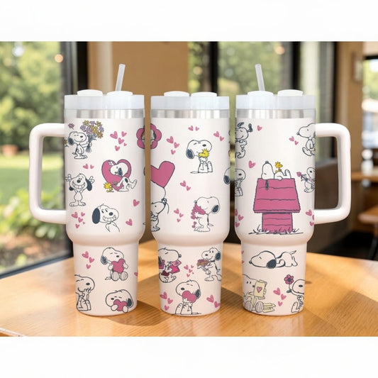 Lunabuddy™ 40oz Snoopy Tumbler with Handle - Cute Hearts Flowers Peanuts Collage Cup, Romantic Puppy Dog Insulated Travel Mug, Sweet Gift for Her or Him