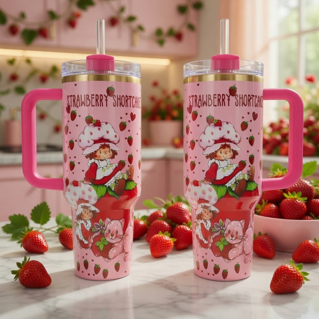 Lunabuddy™ 40oz Strawberry Shortcake Tumbler with Handle - Pink Berry Kawaii Cup, Cute Strawberry Girl Insulated Travel Mug, Sweet Gift for Her