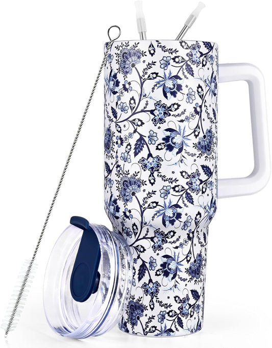 Lunabuddy™ 40oz Tumbler with Handle, Stainless Steel Insulated Travel Tumbler with Lid and Straw, Double Wall Vacuum Insulated Tumbler Mug, Thermal Cup for Home Outdoor, Blue and White Porcelain