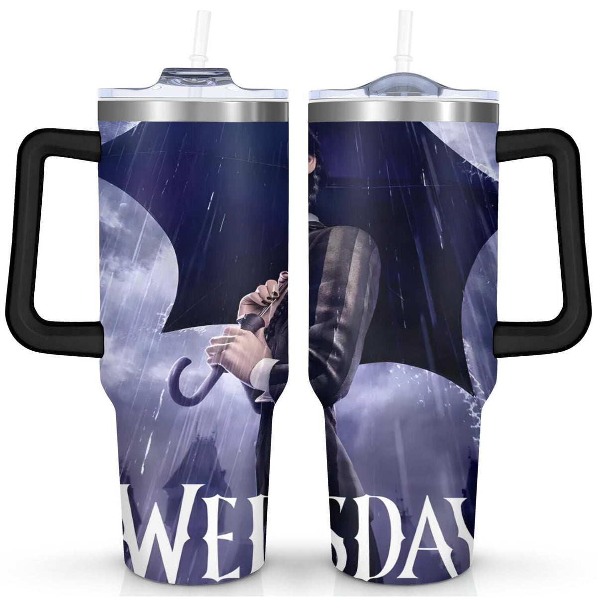 Lunabuddy™ 40oz Wednesday Girl Stainless Steel Tumbler with Lid and Straw,Wednesday Stuff Merchandise Spill Proof Travel Cup Double Wall Vacuum Insulated Coffee Mug with Handle Black