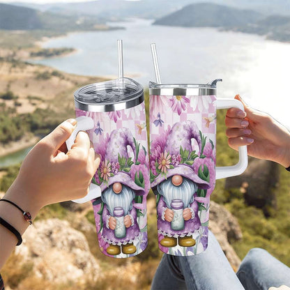 Lunabuddy™ Purple Floral Gnome Stainless Steel Tumbler with Handle and Straw, Insulated Travel Mug for Women, Cute Spring Flower Cup Gift