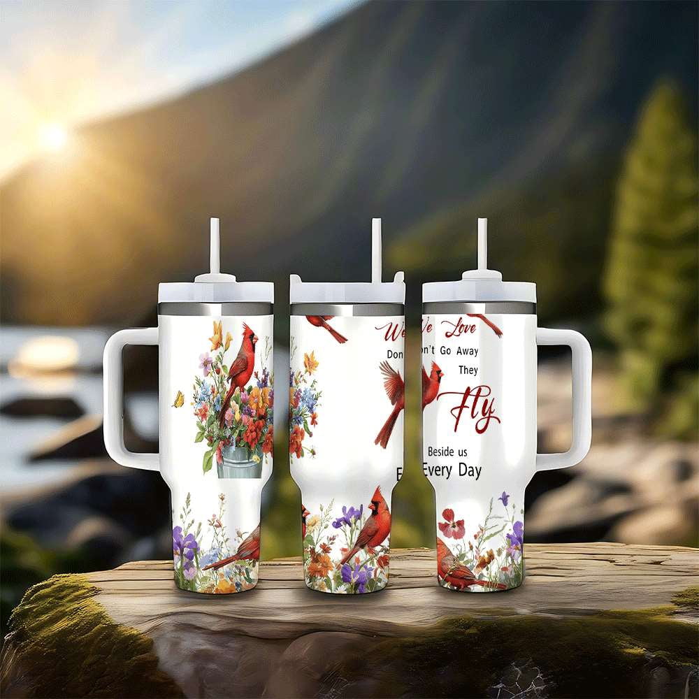 Lunabuddy™ Cardinal Bird Floral Insulated Tumbler with Lid and Straw, Stainless Steel Travel Mug with Handle, Wildflower Spring Art Design