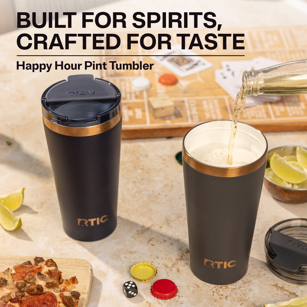 Lunabuddy™ 18 oz Ceramic Lined Insulated Happy Hour Pint Tumbler, Leak Resistant Lid, Soft-Touch Exterior, Dark Midnight Dust