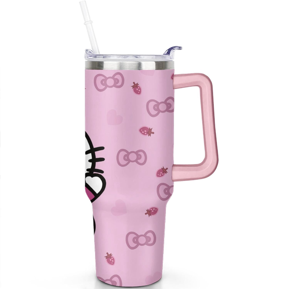 Lunabuddy™ 40oz Hello Kawaii Cat Cute Stainless Steel Tumbler with Lid and Straw,Spill Proof Travel Cup Double Wall Vacuum Insulated Coffee Mug with Handle Pink