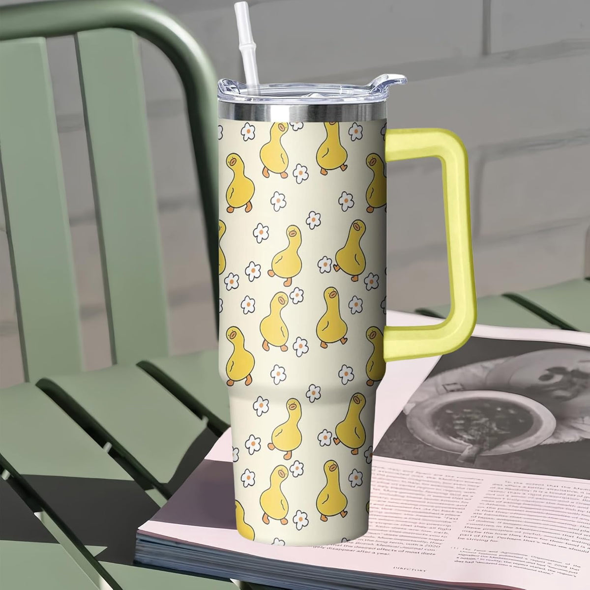 Lunabuddy™ 30 oz Duck Tumbler with Handle and Straw, Insulated Stainless Steel Cup with Lid, Travel Coffee Mug Water Bottle, Gifts for Woman Animal Lovers