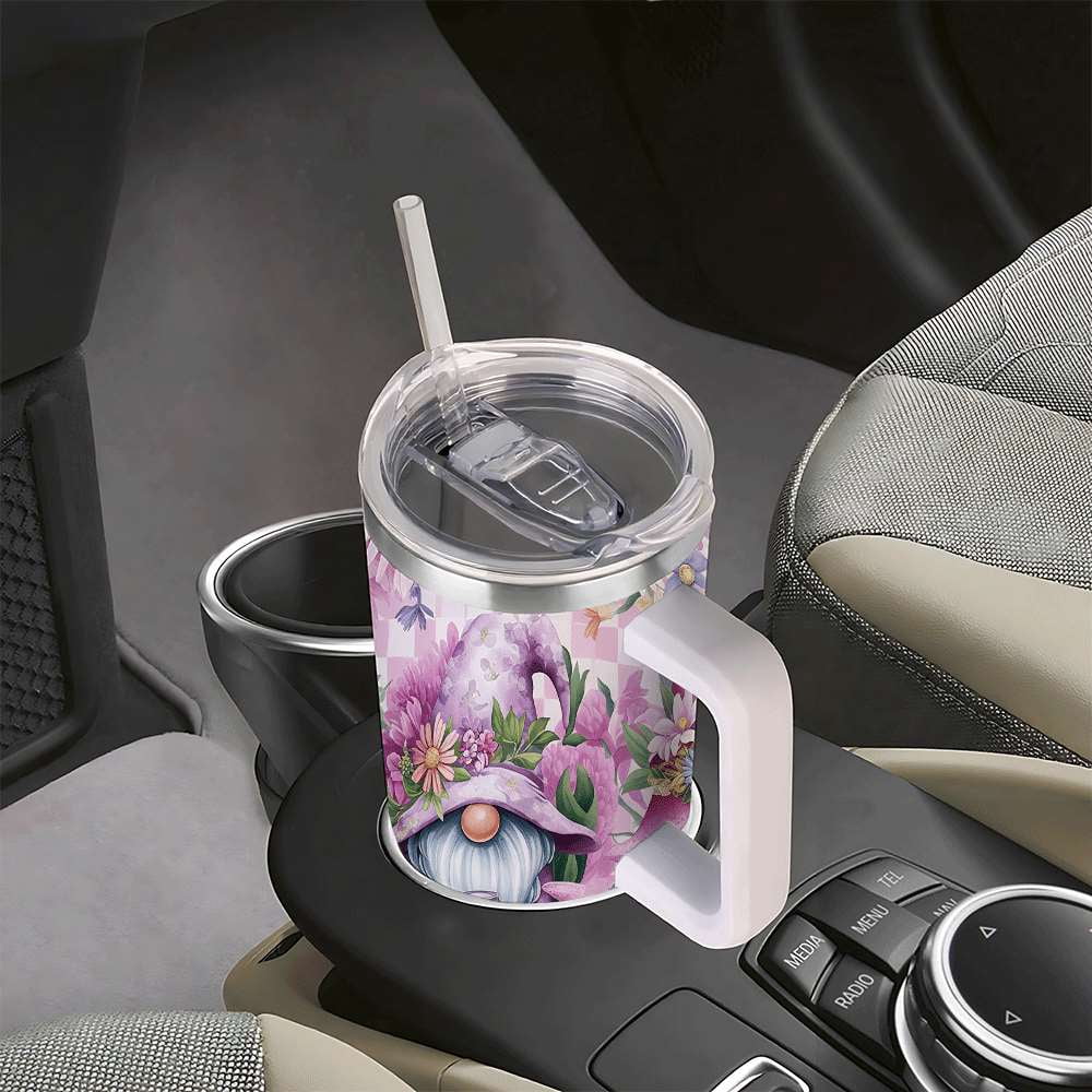 Lunabuddy™ Purple Floral Gnome Stainless Steel Tumbler with Handle and Straw, Insulated Travel Mug for Women, Cute Spring Flower Cup Gift