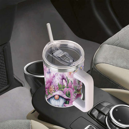 Lunabuddy™ Purple Floral Gnome Stainless Steel Tumbler with Handle and Straw, Insulated Travel Mug for Women, Cute Spring Flower Cup Gift