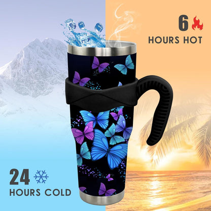 Lunabuddy™ 40 oz Tumbler with Handle and Straw 40oz Blue Purple Butterfly Cup Insulated Coffee Travel Mug Spill Proof Leak Proof 40 ounce Stainless Steel Slim 40 oz tumbler with handle and Lid