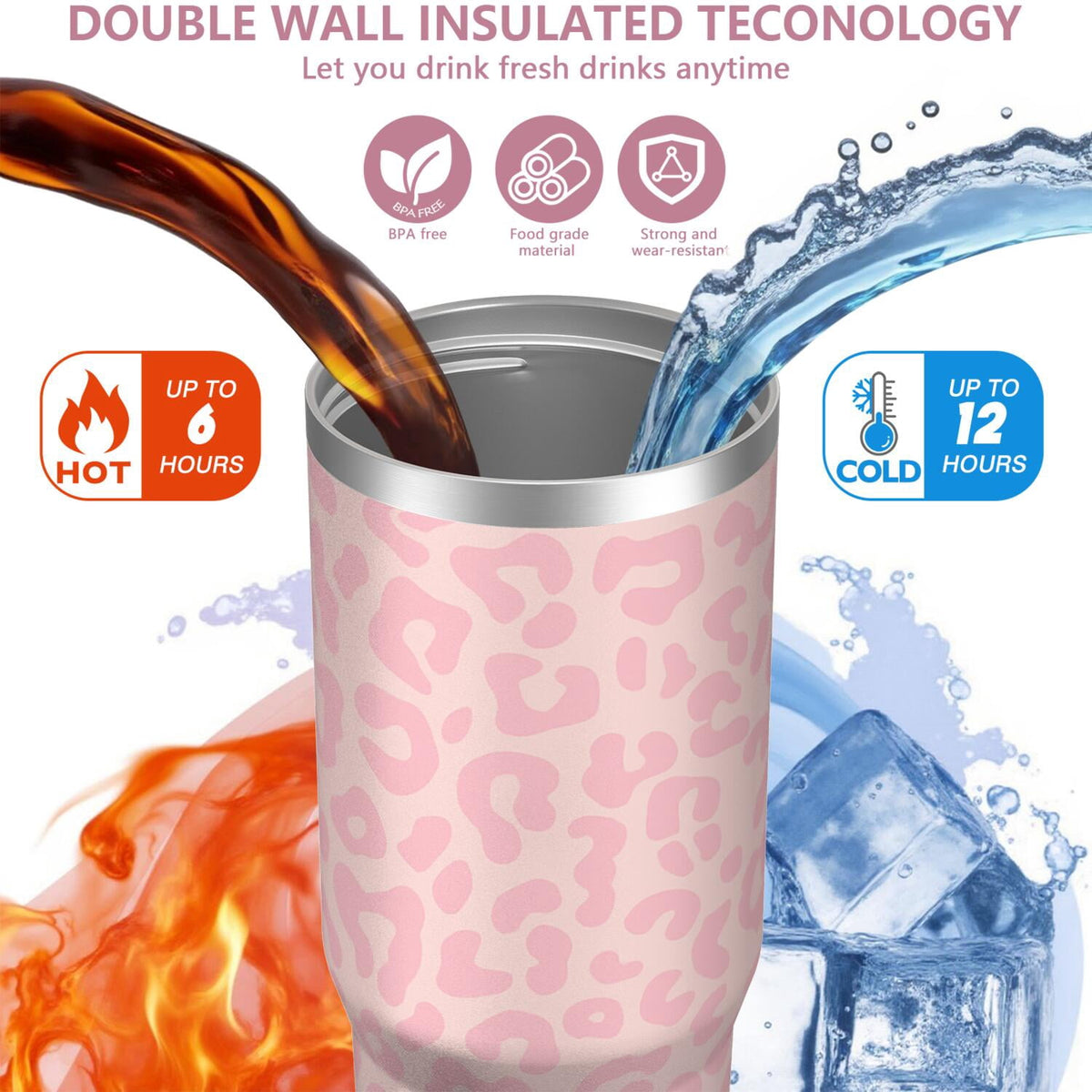 Lunabuddy™ 1pc Pink Leopard Print 30oz Tumbler with Straw & Handle - Insulated Stainless Steel Cup | Holiday Gift for Man Women (Christmas, Valentine's, Birthday)