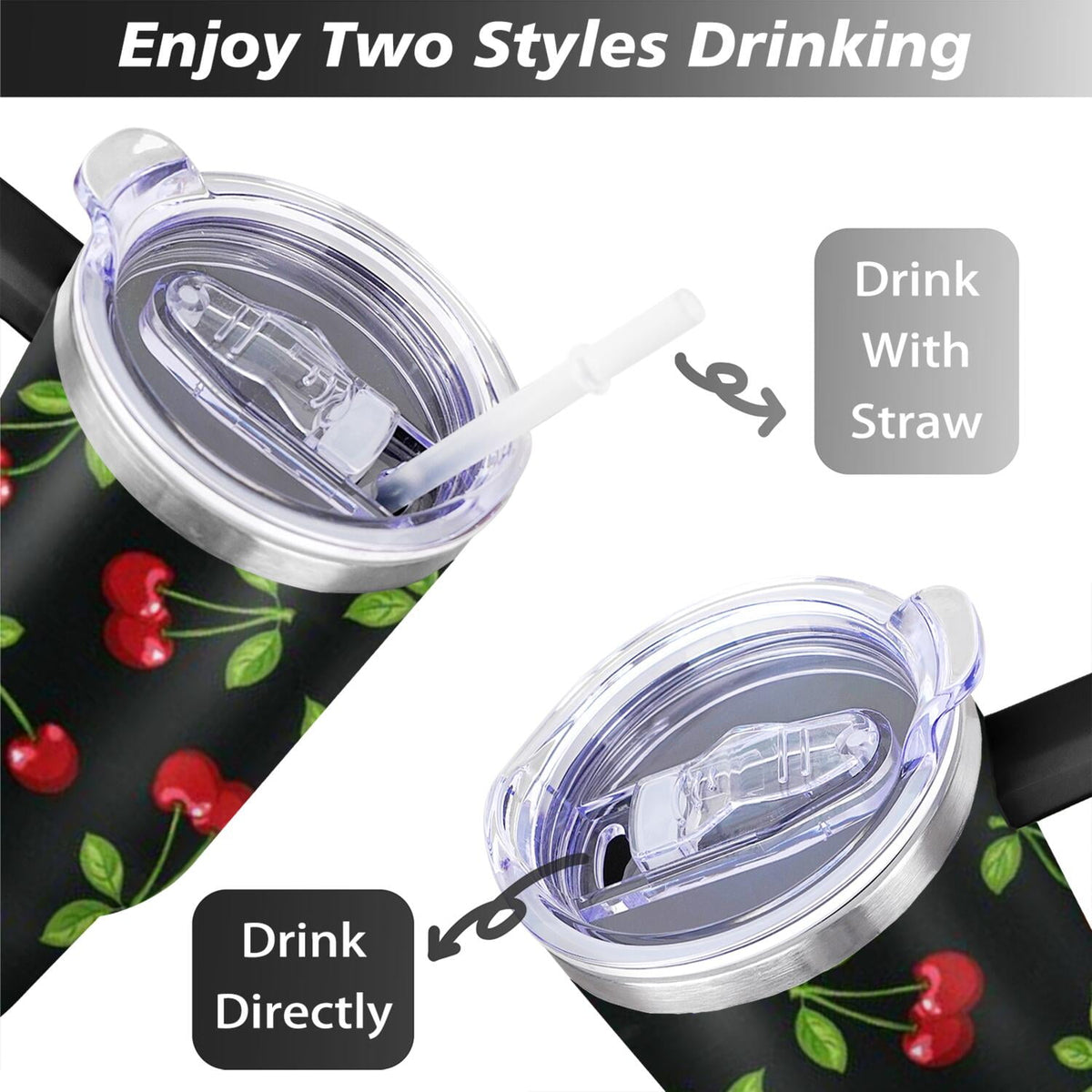 Lunabuddy™ 40oz Red Cherry Fruit Pattern Stainless Steel Flip Straw Tumbler Spill Proof Travel Cup Double Wall Vacuum Insulated Coffee Mug with Top Handle