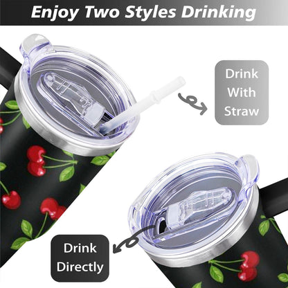 Lunabuddy™ 40oz Red Cherry Fruit Pattern Stainless Steel Flip Straw Tumbler Spill Proof Travel Cup Double Wall Vacuum Insulated Coffee Mug with Top Handle