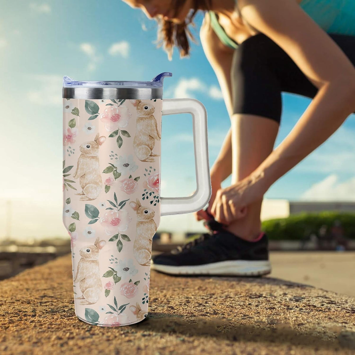 Lunabuddy™ 40oz Easter Bunny Tumbler with Handle and Straw, Rabbit Stainless Steel Travel Mug Water Bottle, Vacuum Insulated Cup, Gifts for Women Bunny Lovers