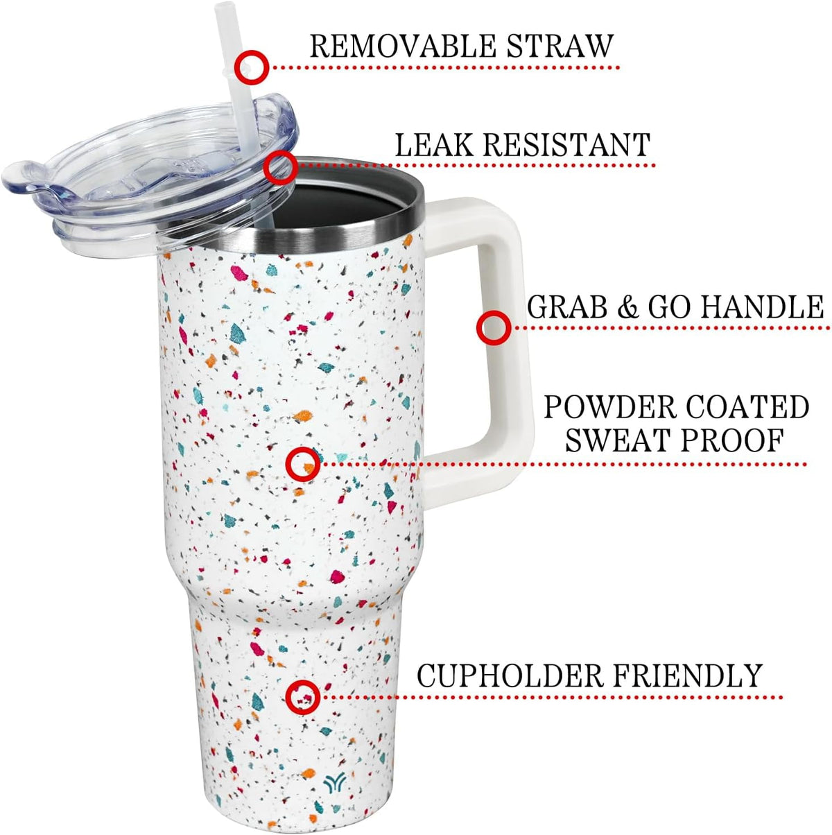 Lunabuddy™ 40oz Tumbler with Handle and Straw Lid | Vacuum Insulated Leak Proof Tumbler | Stainless Steel Travel Mug Water Bottle Cup Keeps Cold & Hot | Terrazzo