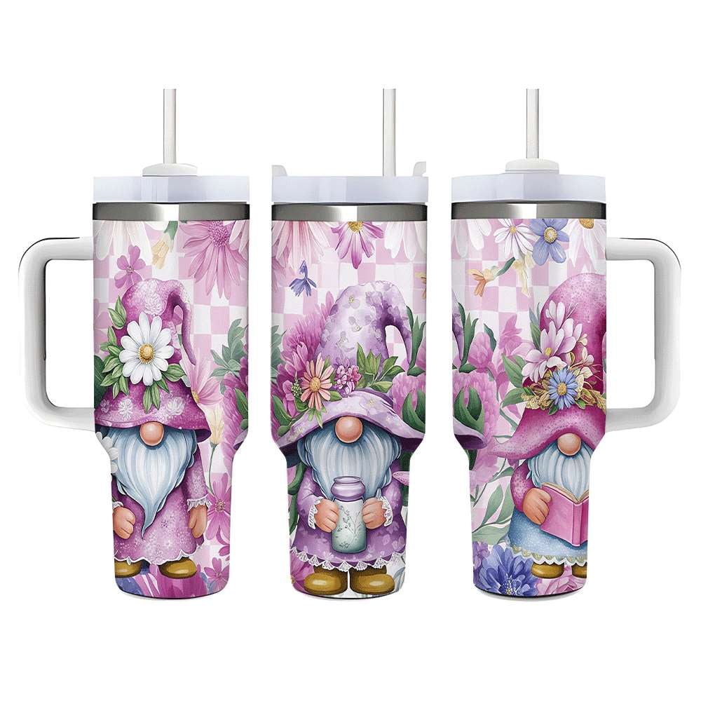Lunabuddy™ Purple Floral Gnome Stainless Steel Tumbler with Handle and Straw, Insulated Travel Mug for Women, Cute Spring Flower Cup Gift