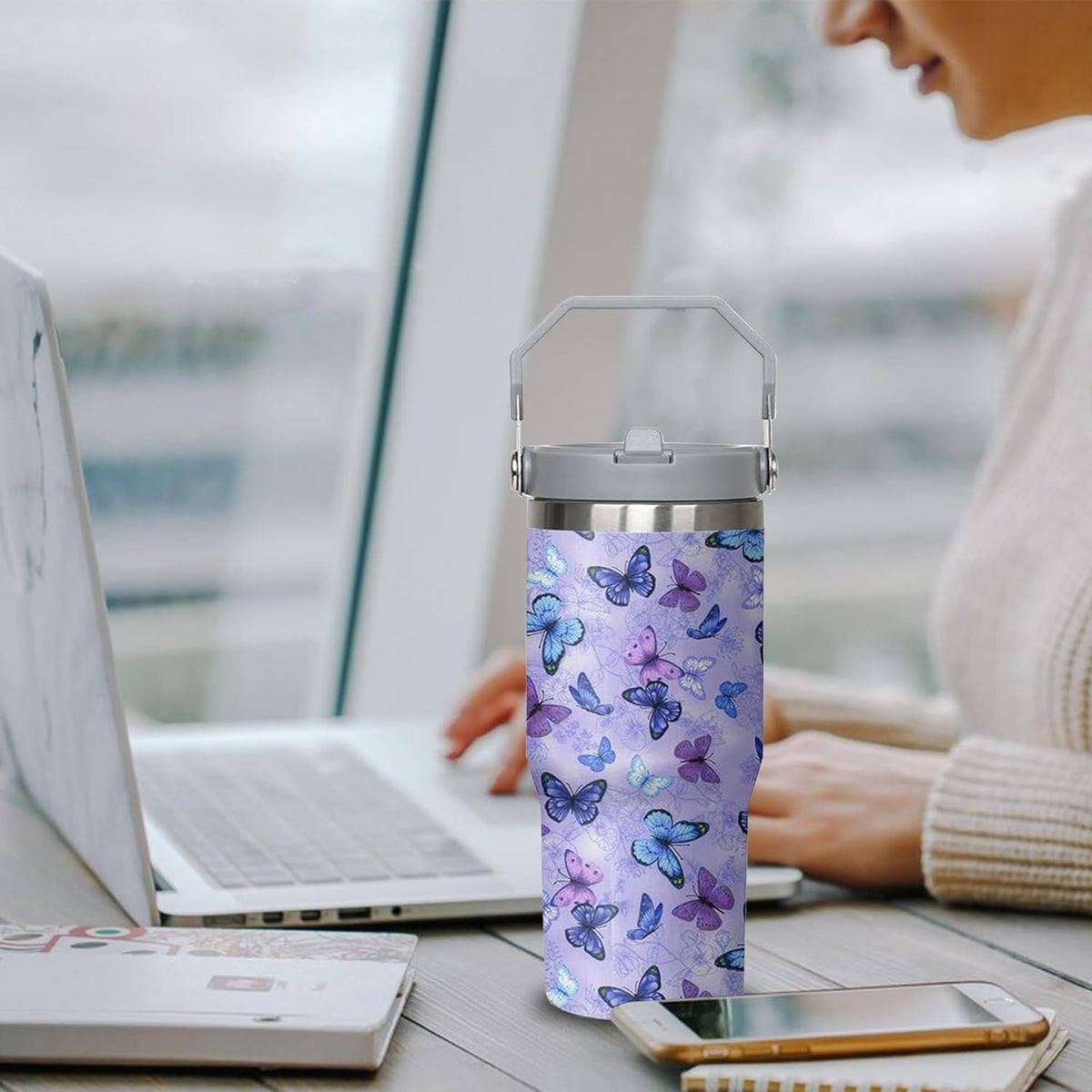 Lunabuddy™ 30 oz Purple Butterfly Tumbler with Handle and Filp Straw, Stainless Steel Cup with Lid and Straw, Travel Coffee Mug Insulated Water Bottle,Christmas Birthday Mothers Day Gifts for Women Animal Lovers