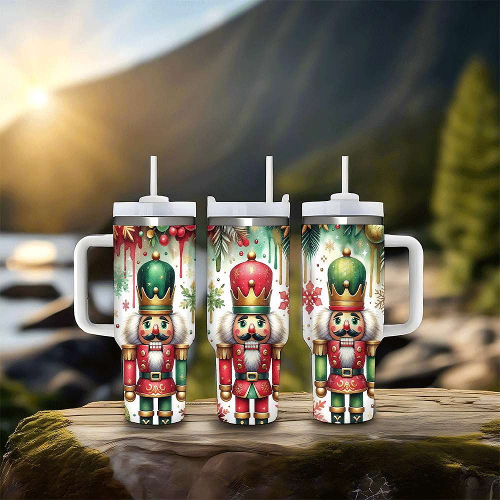 Lunabuddy™ Nutcracker Christmas Insulated Tumbler with Lid and Straw, Holiday King Soldier Design Stainless Steel Travel Cup