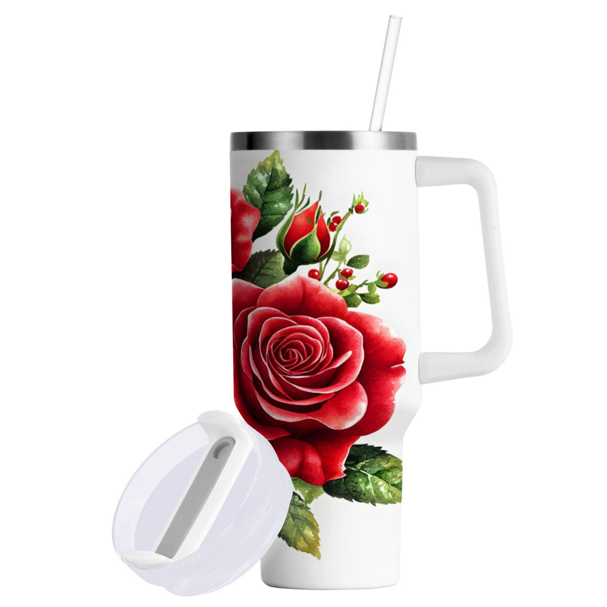 Lunabuddy™ Ryvnso 40 oz Tumbler with Handle and Straw Insulated Stainless Steel Travel Mug with Lid Roses Flower