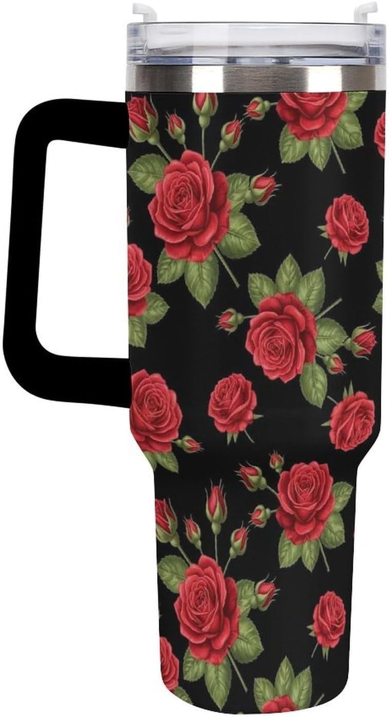 Lunabuddy™ 40 oz Insulated Floral Flowers Red Rose Coffee Tumbler with Portable Handle, Stainless Steel Vacuum Travel Mug for Unisex Home, Office Use
