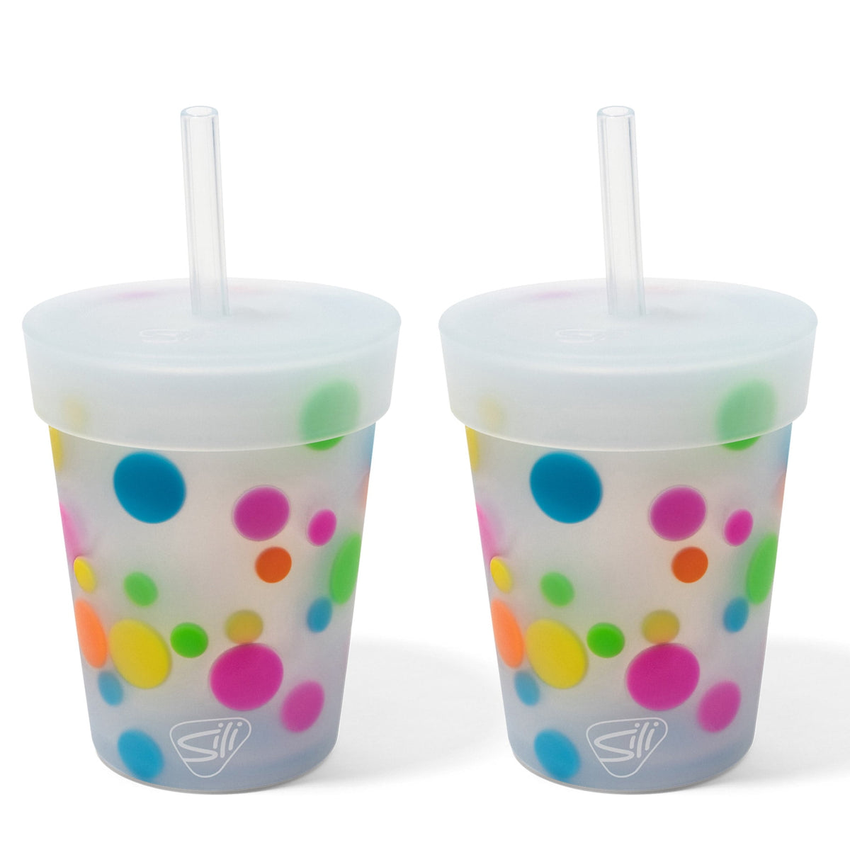 Lunabuddy™ Silipint: Kids Straw Tumblers 8oz: 4 Pack - Polka Dots - Silicone Unbreakable Cups w/ No Leak Lids, Hot & Cold, Dishwasher-Microwave-Freezer-Oven Safe