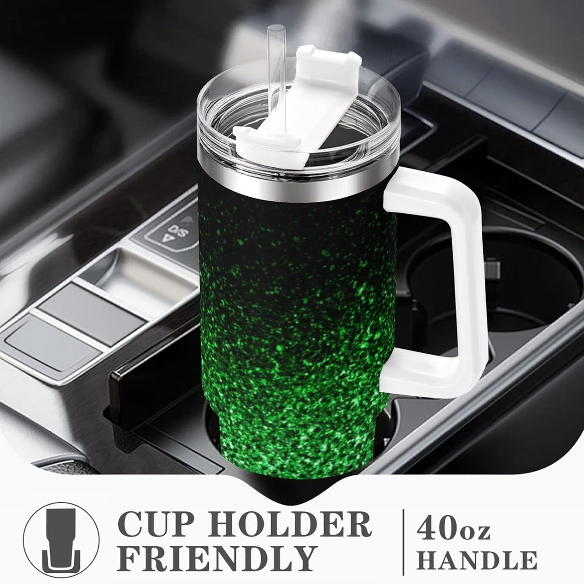 Lunabuddy™ Ombre Leopard Glitter 40 oz Insulated Double Wall Stainless Steel Tumbler with Handle and Straw, Lid, Large Travel Mug Fits in Cup Holder, Cup Gift for Women(Green)
